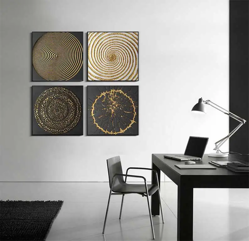 Fashion Square Burst Circle Canvas Painting Black And Gold Poster Print Luxurious Wall Art Pictures For Living Room Dining Room
