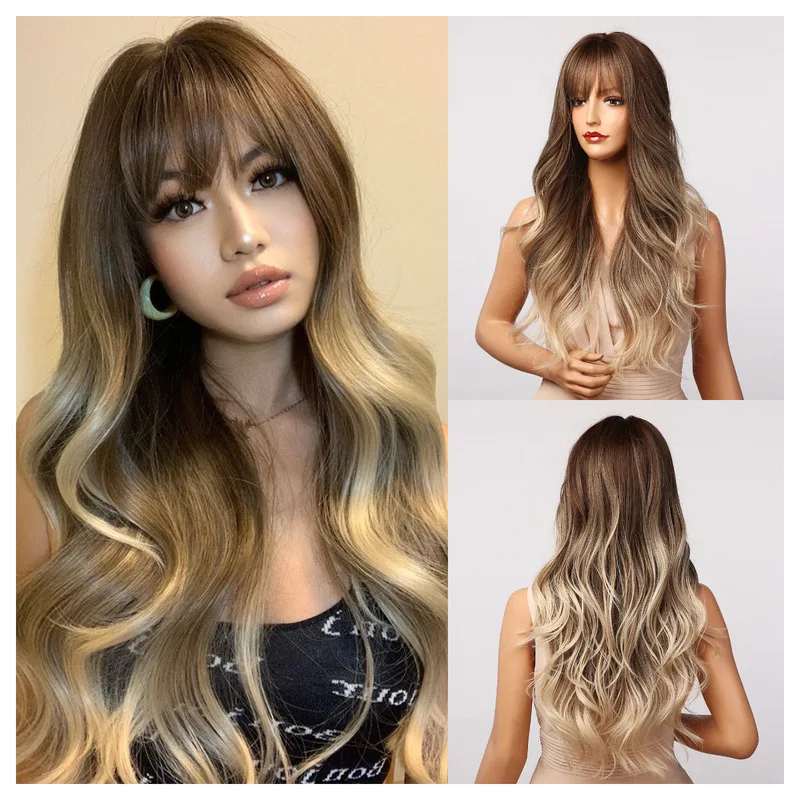 Peluca de estilo europeo y americano en degradado marrón chocolate con flequillo, ondas grandes, cabello largo y rizado, peluca de cabeza completa.