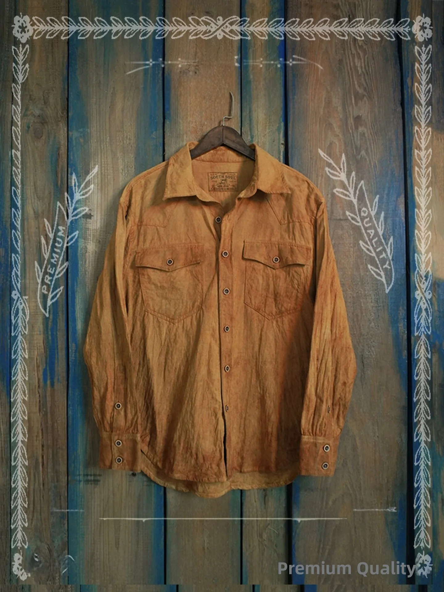

Retro Thin Cotton Linen Western Shirt Handmade Mud Dye Breathable Base Layer Outerwear Plant Dye Honeysuckle Color Men's Shirt