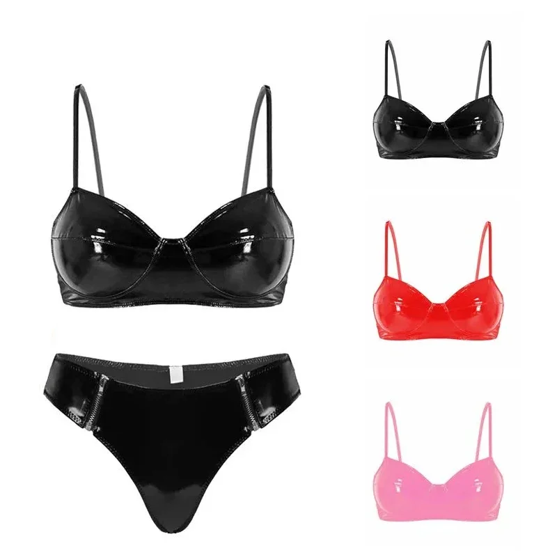 

Elastic High Gloss PVC Leather Sexy Bra Top Low Waist Briefs T-back Lingerie Nightclub Party Pole Dance Sexy Clubwear