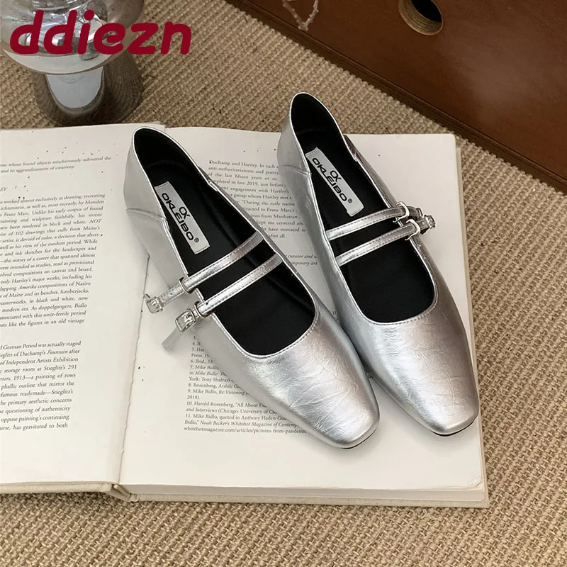 

Female Silver Footwear With Height Increasing Buckle Strap Ladies Mary Janes Shoes Fashion Shallow Women Flats With Shoes