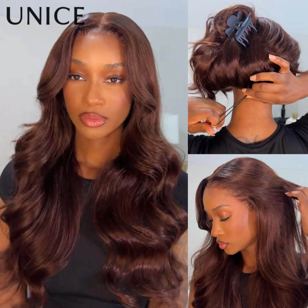 UNICE شعر الشوكولاته البني رقيق فضفاض موجة الستار الانفجارات شعر مستعار 13x4 قبل قطع قبل ابيض غلويليس شعر مستعار شعر الإنسان 150% الكثافة