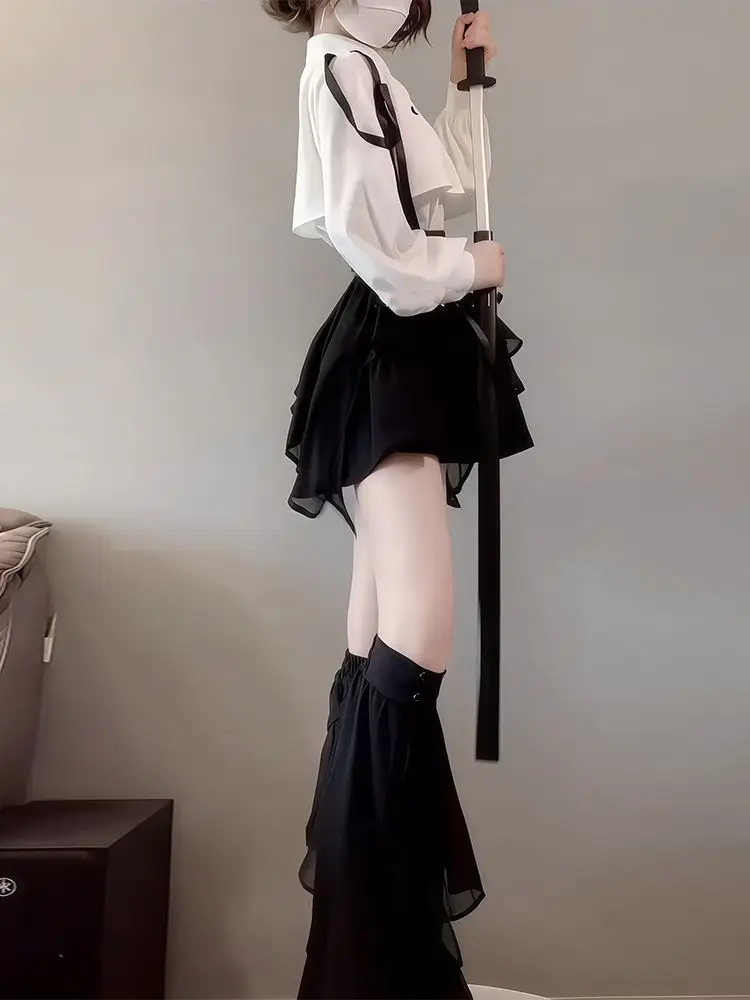 Estético y2k design novo conjuntos de 3 peças roupas femininas gótico botão design topos + preto cintura alta saia retro chique cinto conjuntos 2025