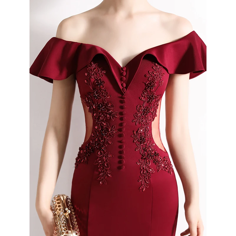 Elegant Burgundy Evening Dresses Boat Neck Off-The Shoulder Beaded Appliques Slim Mermaid Dress Women\'s Formal Maxi Gowns