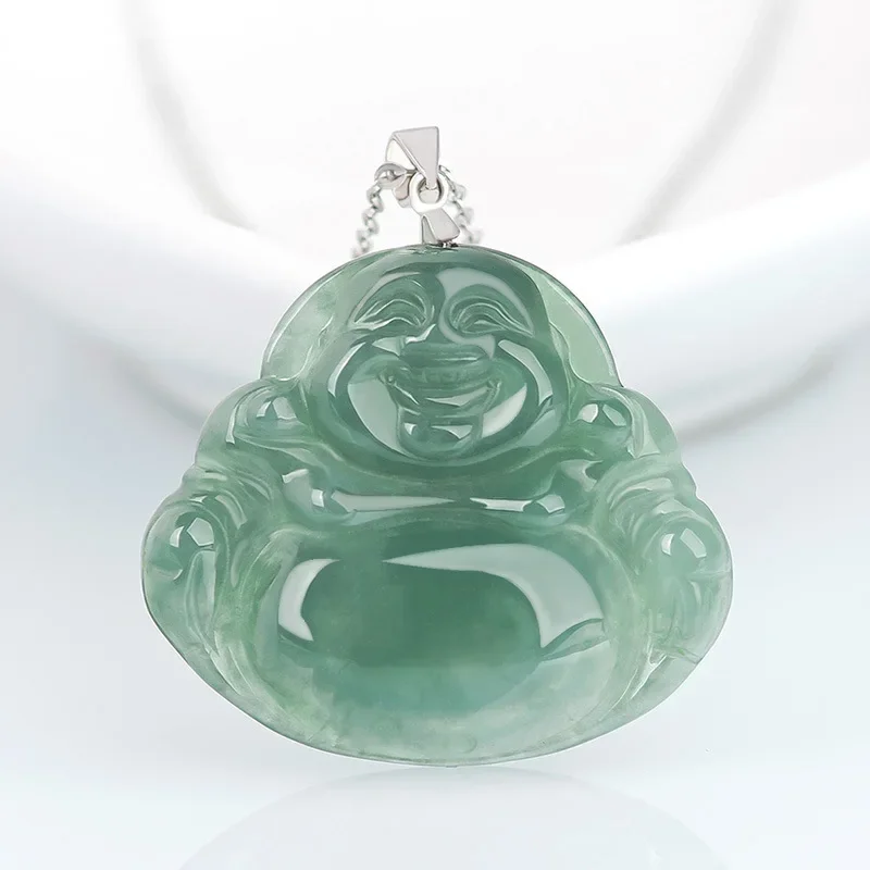 Natural Burmese Jade Stylish Vintage and Sophisticated Design Green Maitreya Buddha Pendant Necklace Women's Model Jewelry