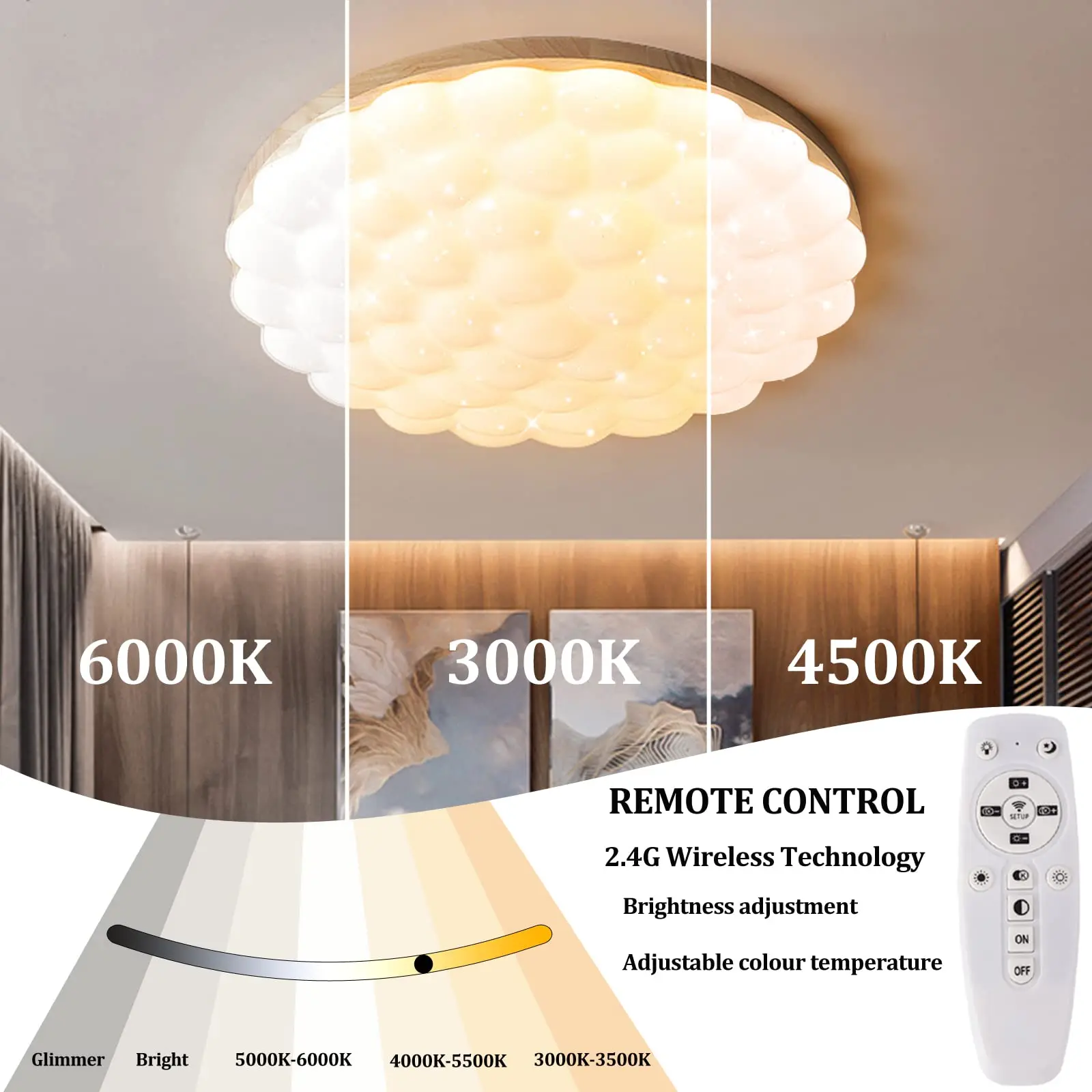 LED Ceiling Light Dimmable Wood Look Round 50cm Ceiling Lamp Starry Sky with Remote Control Wood 36W Modern Children's Room