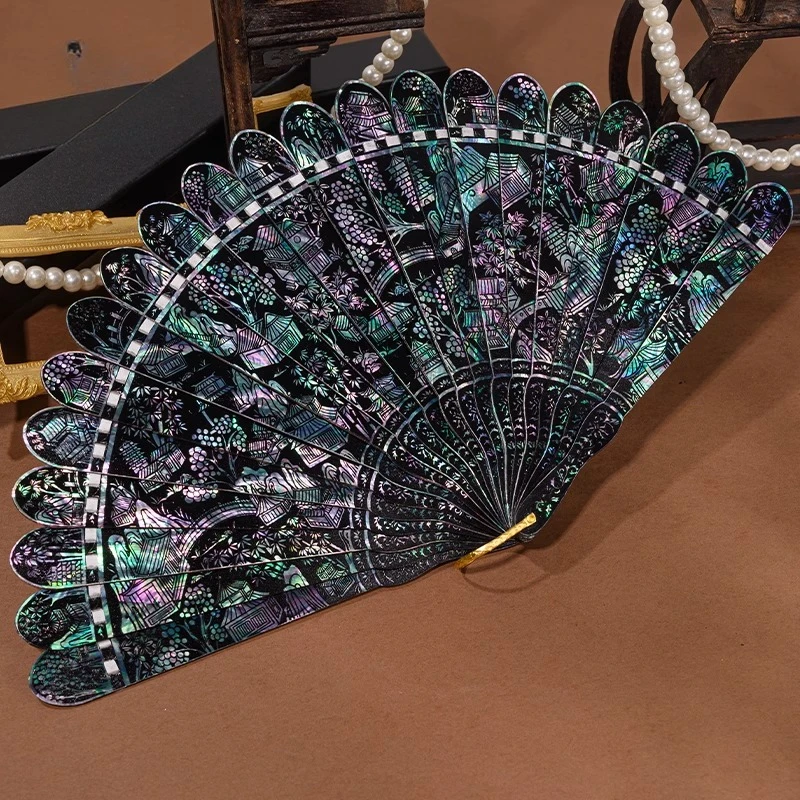[Lou Guang Stacked Jade] Double-sided pattern imitation snail mother shell fan, Chinese folding fan, gifts, photo props