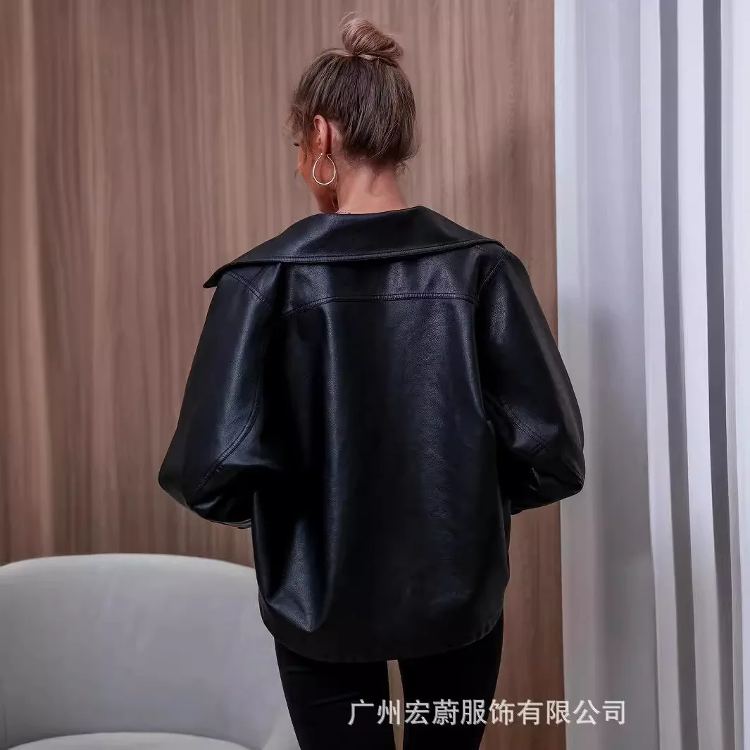 Women's Jacket Fashionable PU Lapel Black Short Leather Jacket For Women, Loose Fitting Long Sleeved Women's Leather Jacket