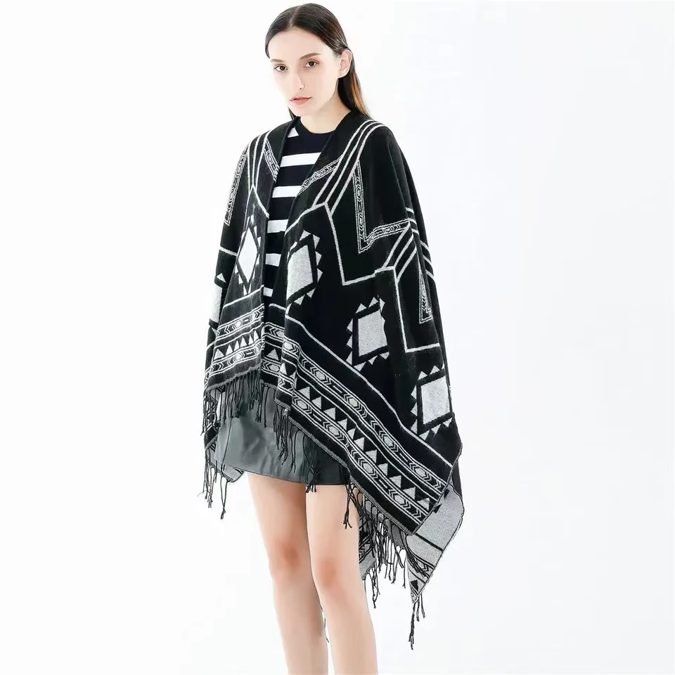 New Indian Nepalese Style Geometric Tassel Split Women Shawl Warm Air Conditioning Room Lady Cloak Poncho Capes Navy