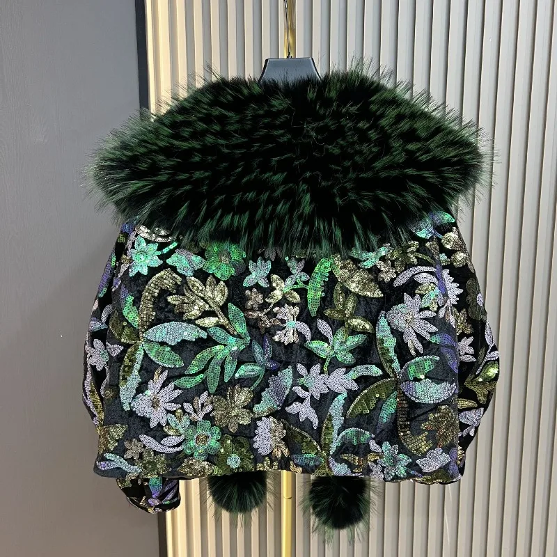 ファッション大型ファー襟キルティング厚手暖かいコート レディース スタイリッシュなスパンコールフェイクファー トップス 冬新作 ショート丈シングルブレストコート