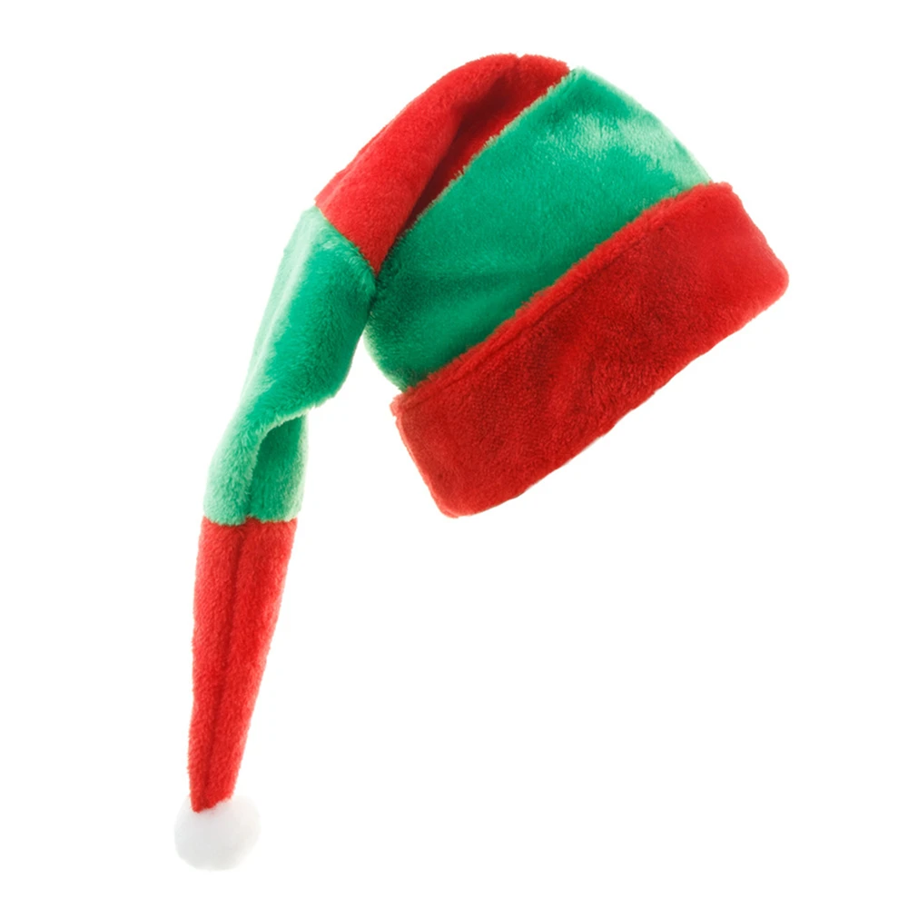 Adult Lengthened Red Green Striped Plush Christmas Hat Xmas Carnival Party Santa Elf Clown Curved Cap Cosplay Prop Boy Girl Gift