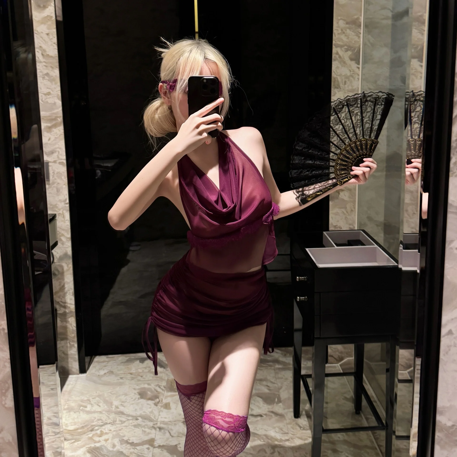 New Purple See-through Backless Sexy Chemise Hanging Neck Mesh Nightgown Separate Drawstring Set Woman Romantic Intimate Apparel