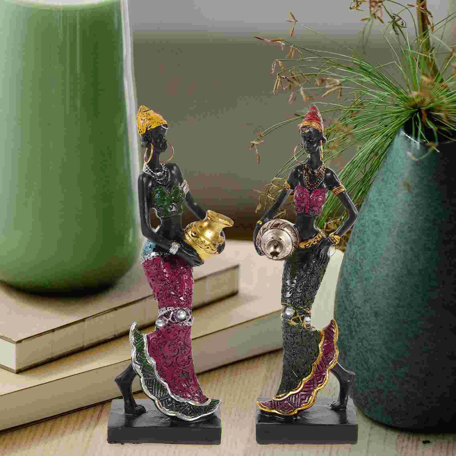 

2 Pcs Indoors Decoration African Women Figure Dining Table Home Statue Ornament Resin Tribal Lady Desktop Craft Figurine Office