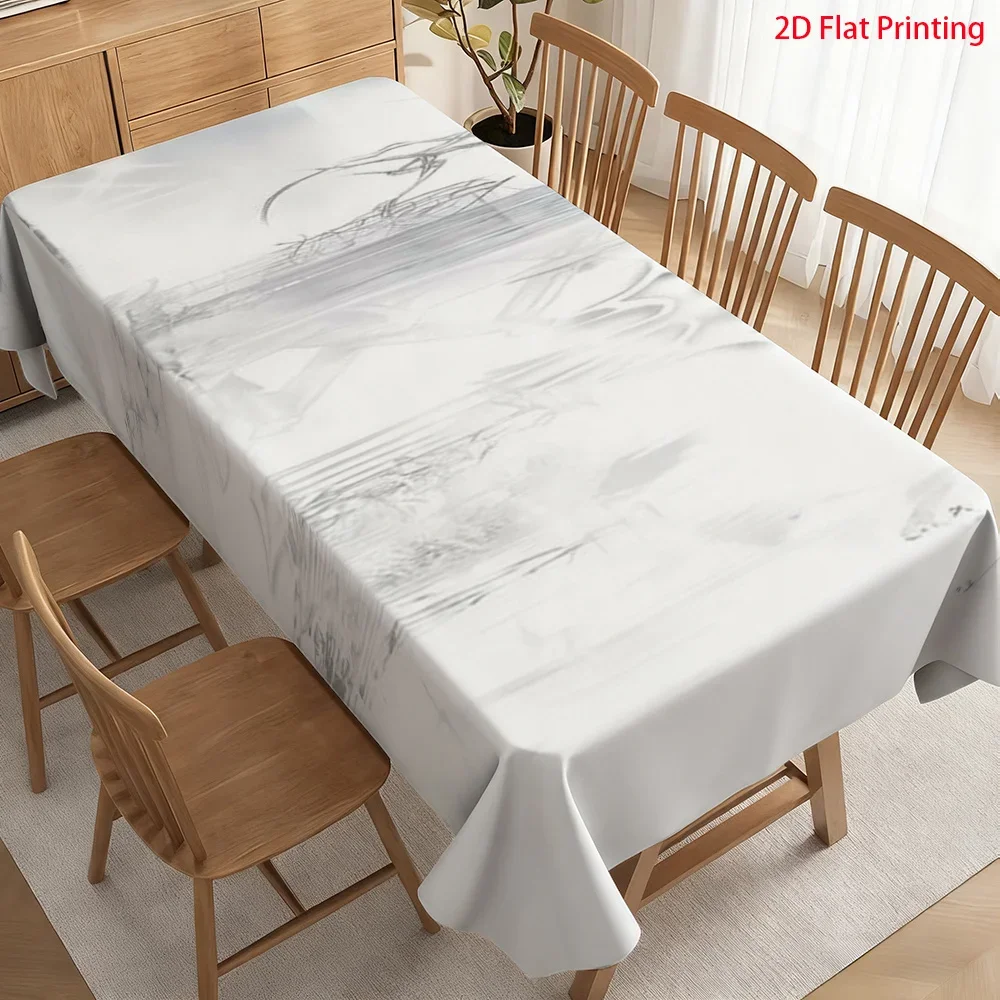 2D printed rectangular tablecloth, featuring an abstract ink-wash style with a gradient of gray and whitexzj