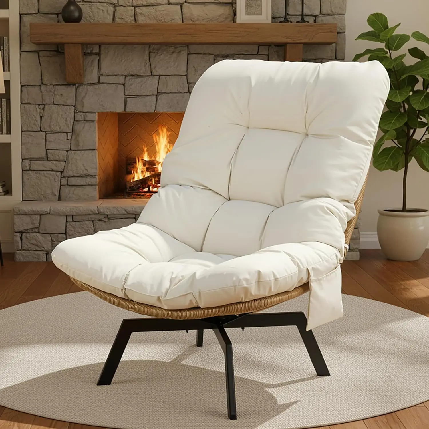 

Accent Chair Modern Wicker Swivel Living Room Chairs with Oversized Seat & Cushion, Metal Frame, Phone Pocket for Bedroom