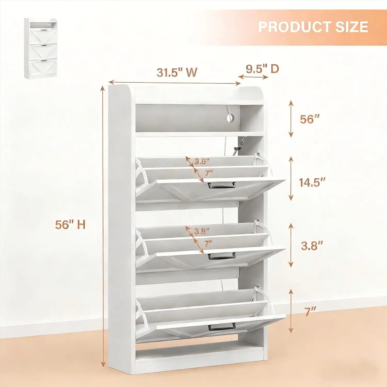 Wooden Shoe Cabinet 3 Drawers LED Light Adjustable Shelves Entryway Living Room Storage, Customized