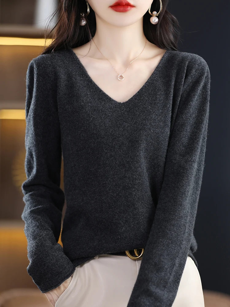 

New Classic Autumn Winter Women V-Neck Sweater Basic Bottom Shirt 100% Merino Wool Pullovers Cashmere Knitwear Female Clothing ﻿