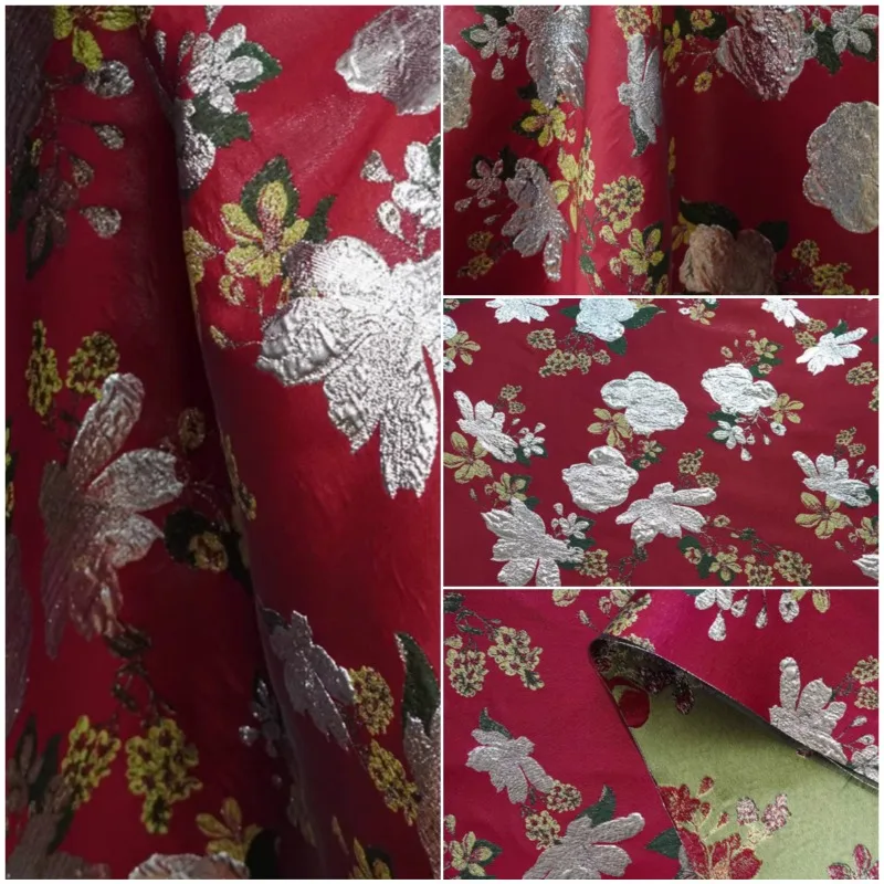

1meter European Style Red Embossed Floral Metallic Thread Jacquard Fabric Dress Festive Performance Wear Fabric For Sewing