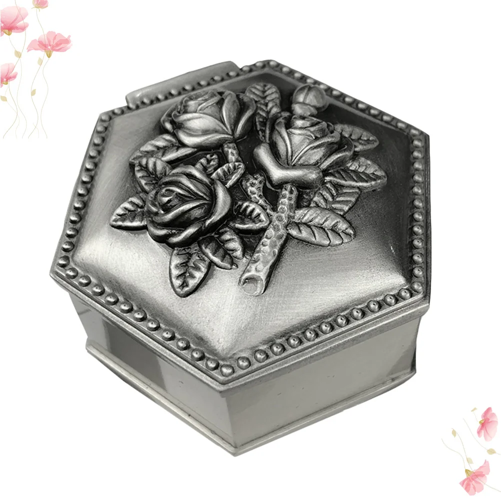 

Vintage Jewelry Container Alloy Trinket Box Rose Pattern Organizer for Rings Necklaces Earrings Bracelets Wedding Party