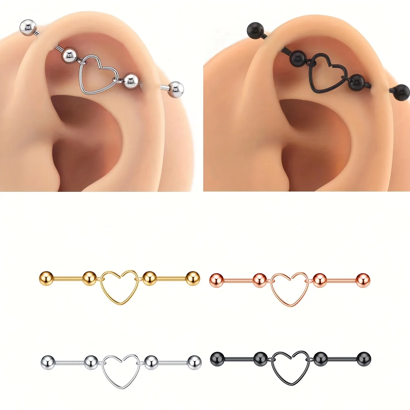 1pc Heart Floating Chain Industrial Barbell Stainless Steel Pierced Spiral Tragus Cartilage Earrings 16G Simple Style Jewelry