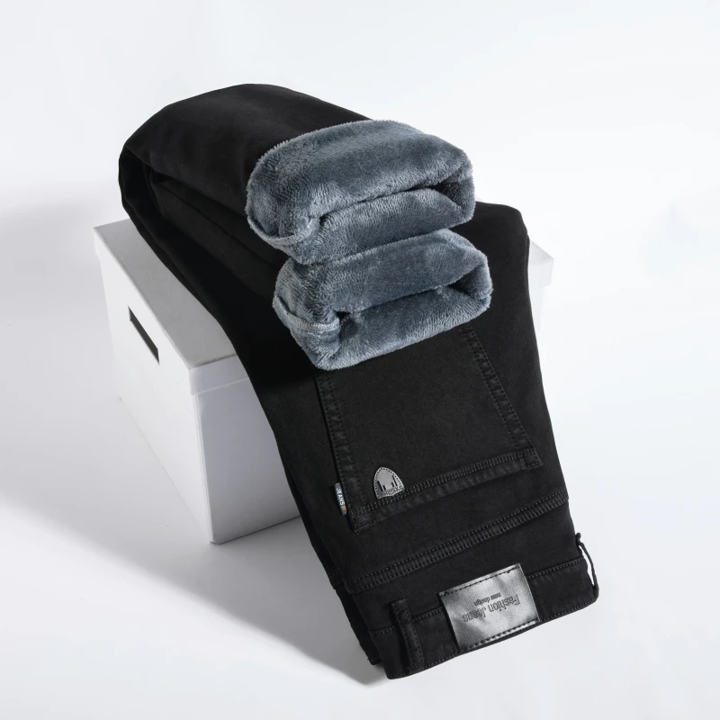 2026 Winter Men's Slim Straight Black Micro-elastic Jeans Fleece Thick Warm High Waist Business Casual Large Size Denim Trousers