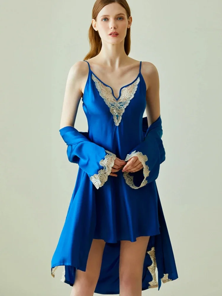 

19 мм 100% шелковый шелковый халат с кружевной отделкой на тонких бретельках, мини-платье, одежда для сна, комплект из 2 предметов, роскошная сексуальная ночная рубашка с v-образным вырезом и халат