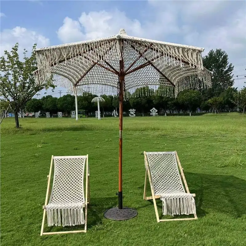 Handwoven Cotton Rope Outdoor Parasol Umbrella With Tassel Decorative Macramé Patio & Sun Shade Tropical Beach Umbrella