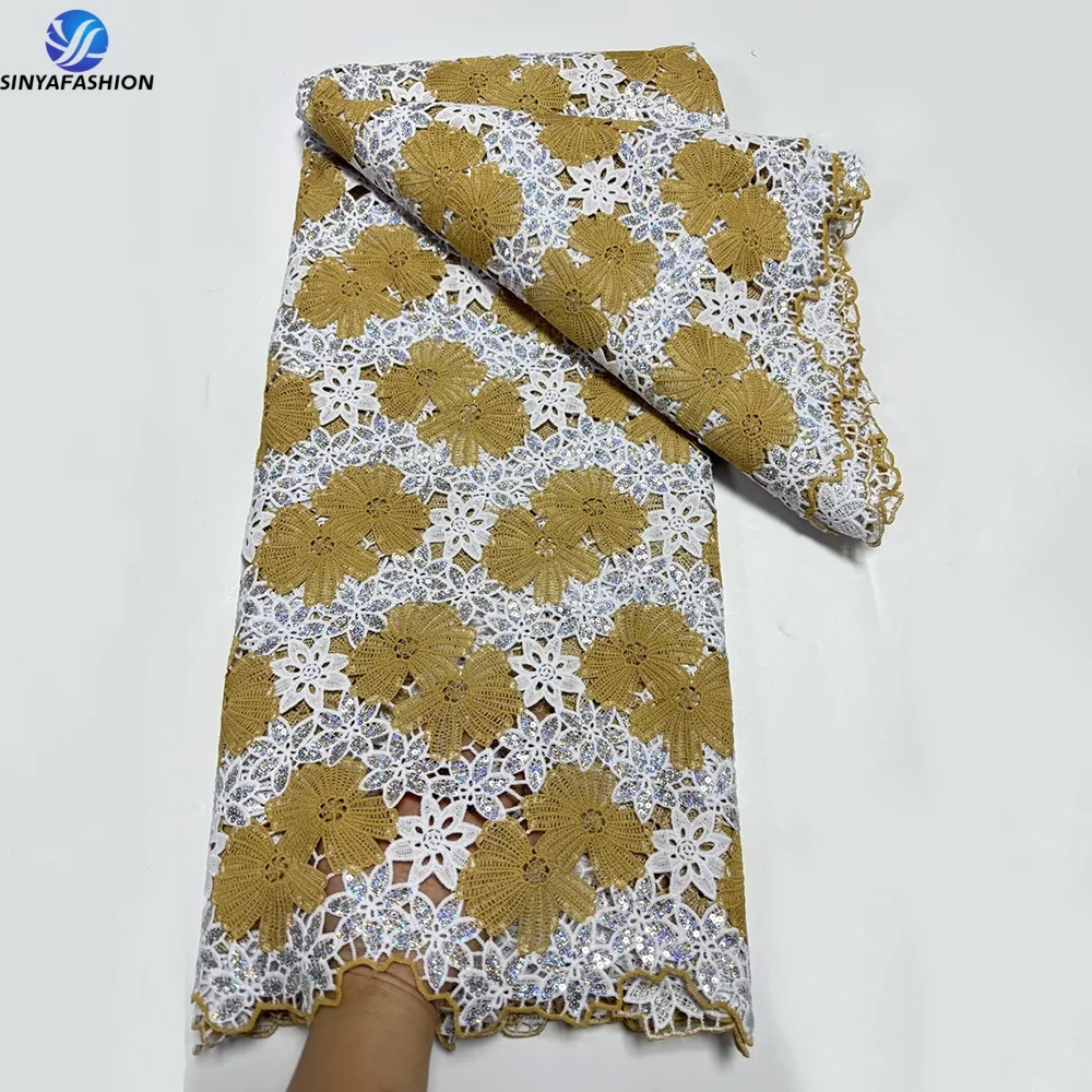 

Sinya White Gold African Guipure Lace Fabric Embroidery 5 Yards High Quality Luxury Sequins Cord Lace For Wedding Party Dress