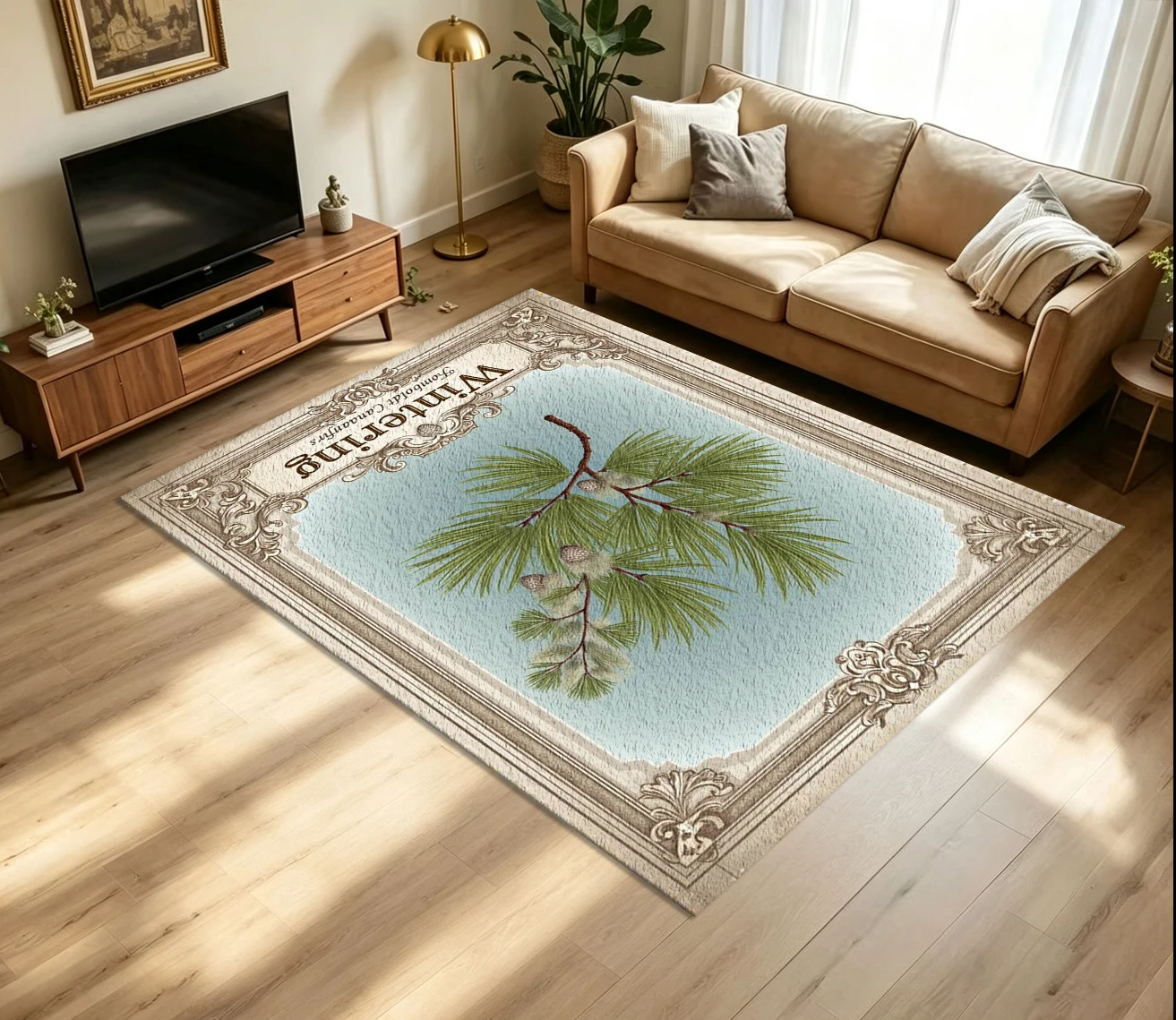 Vintage Pine Branch Botanical Art Carpet Flooring Retro Plant Illustration Printed Floor Rug for Home Indoor Wall Floor Decoration
