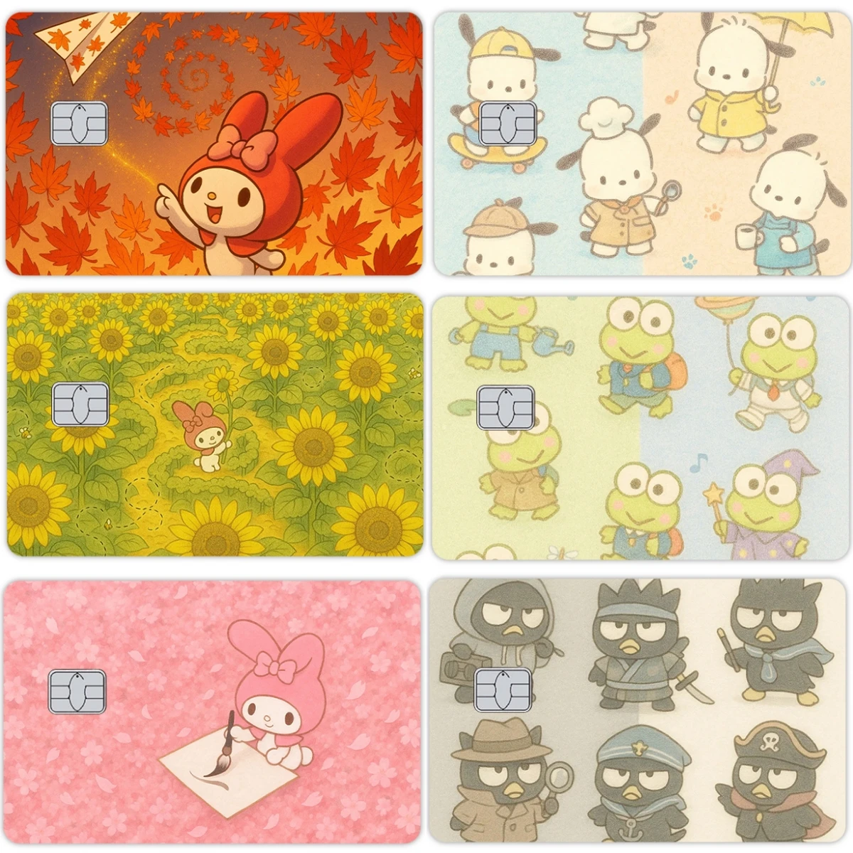 

Модные наклейки для кредитных карт My Melody, Kuromi, Pochacco, Flower, DIY, для женщин, кавайные мультяшные, для украшения банковских карт Visa, декоративная пленка-скин