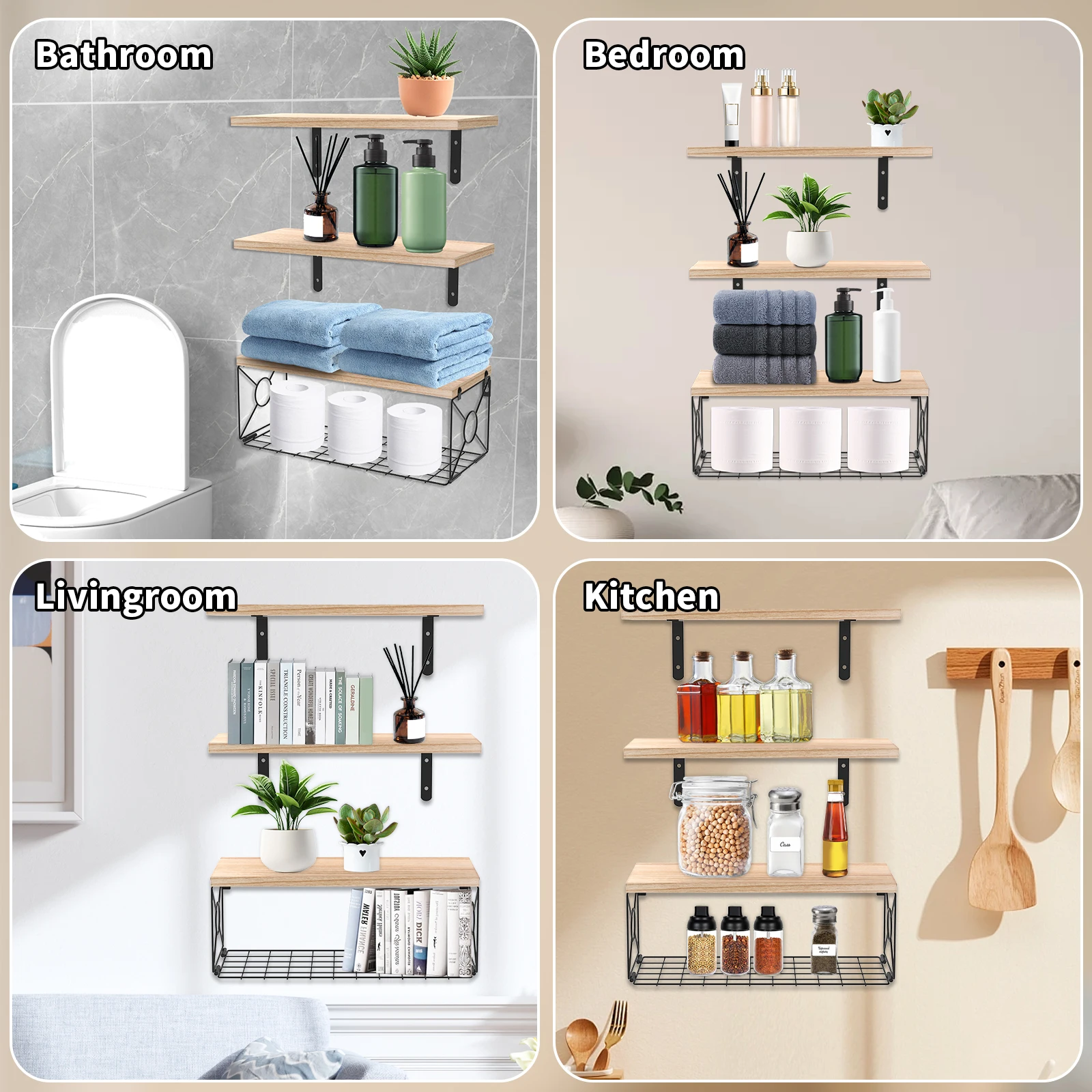 Floating Shelves Robust Wall Hanging Shelf with Storage Basket Metal Bracket Storage Shelf Multi Functional Storage Shelf