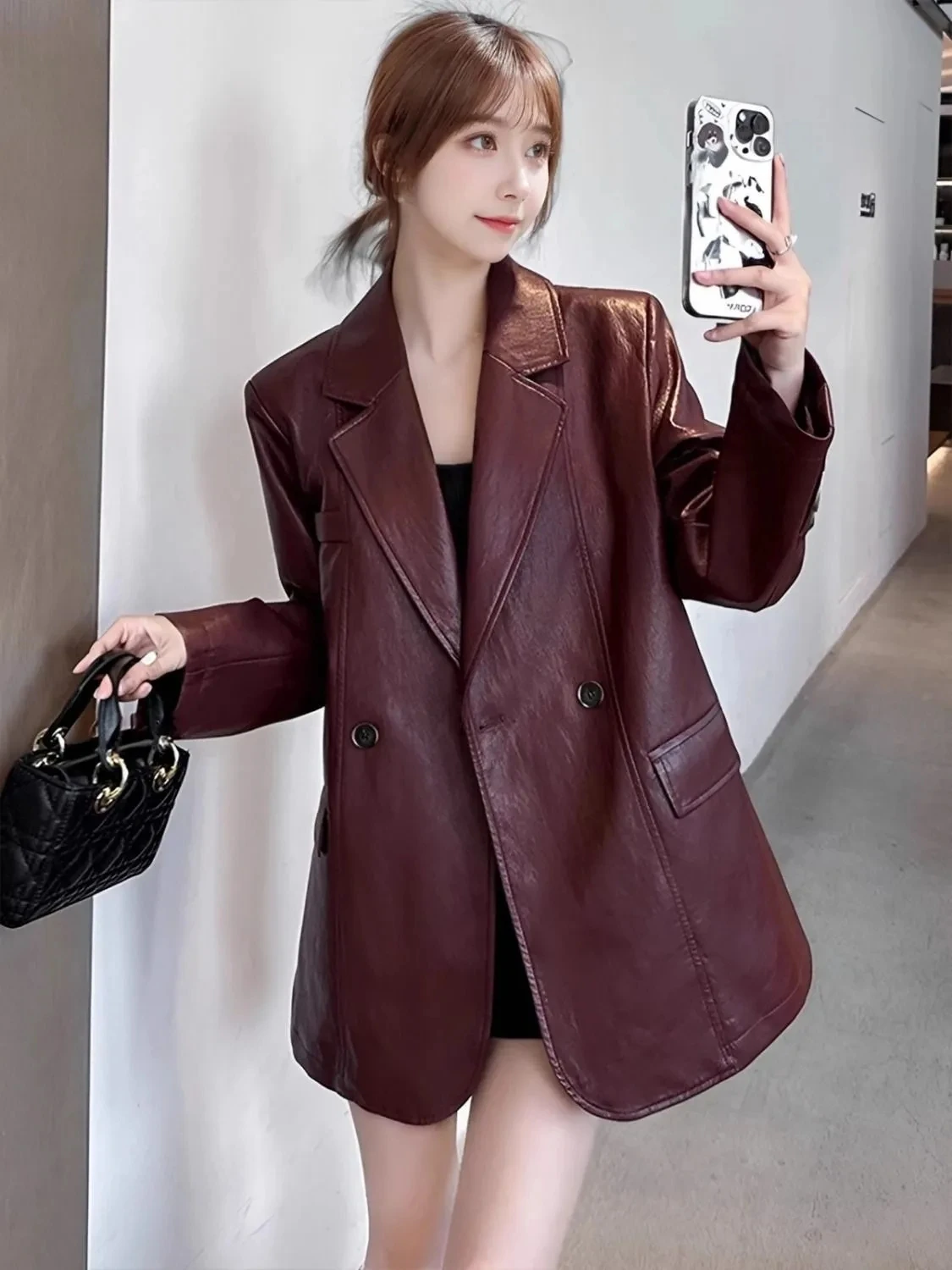 2026 Spring Autumn New Ankela Red Retro High Grade Leather Jacket for Women, Loose and Casual, Skinny Leather Suit Trendy Blazer