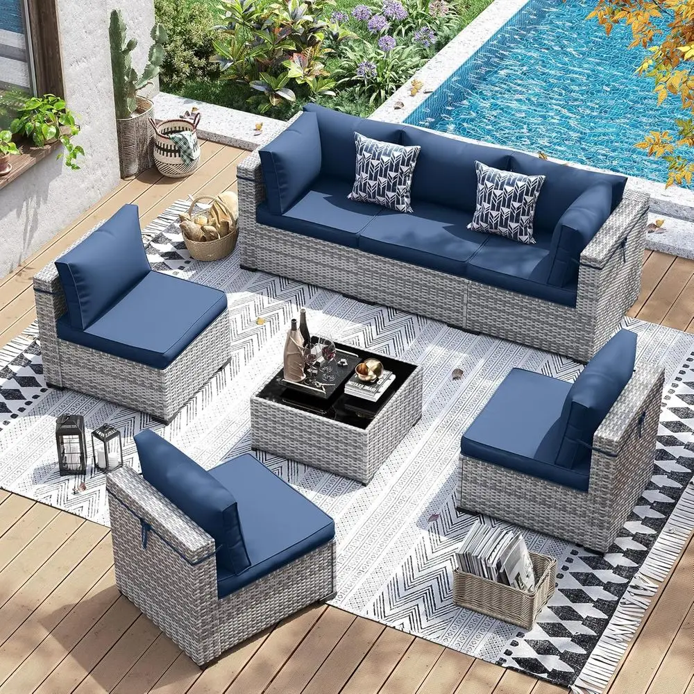 

7-Piece Outdoor PE Wicker Sectional Sofa Set with Tea Table, Blue Cushions on Grey Rattan for Patio, Garden, Backyard