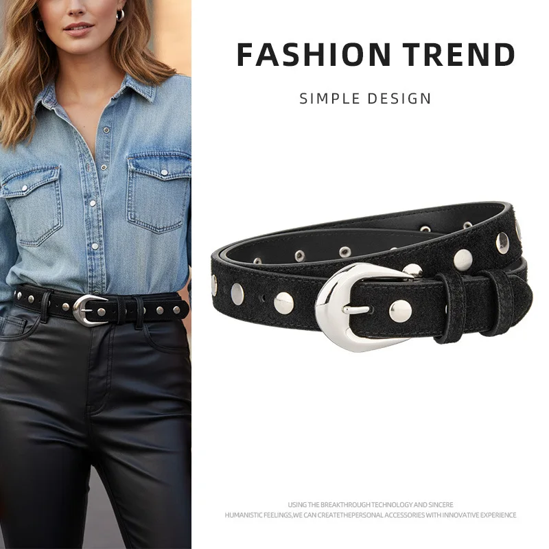 

Женский кожаный ремень в уличном стиле с металлической пряжкой-кольцом и заклепками, с вырезами и люверсами, универсальный для джинсов и костюмов