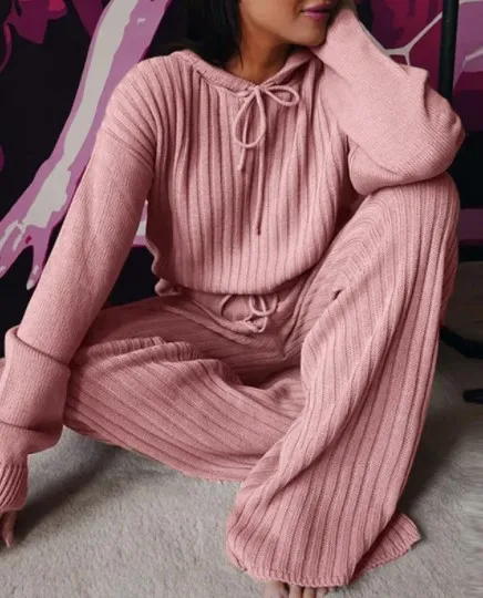 Fashion Long Sleeve Knitted Pant Sets Women Autumn Winter Home Casual Comfortable 2 Piece Sets Women Outfit Two Piece Set