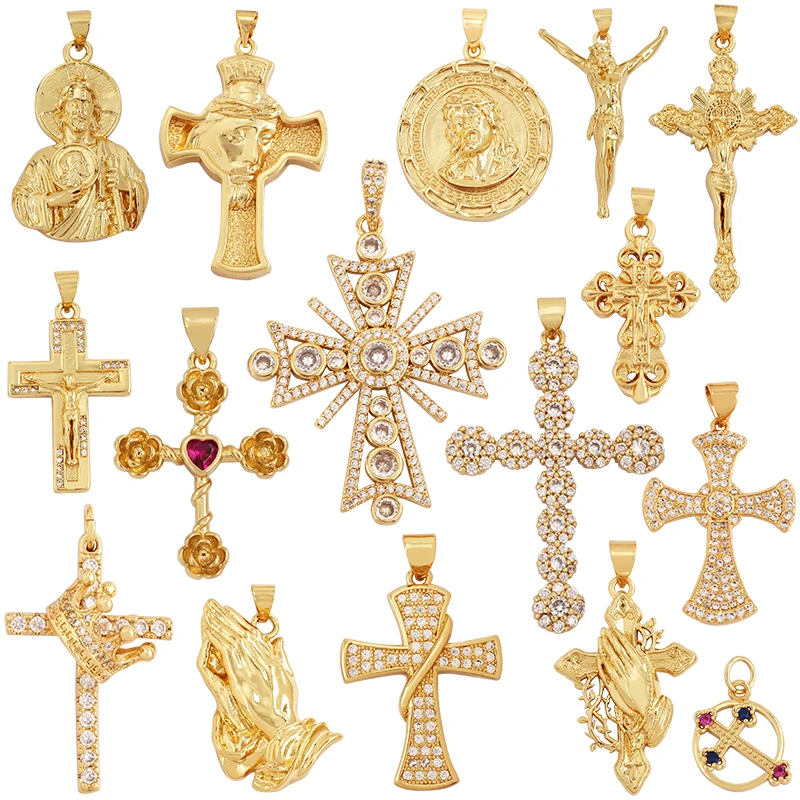 Religious Jesus Cross Charm Pendant,18K Gold Plated Cubic Zirconia CZ Paved,Jewelry Necklace Bracelet Accessories Supplies M73