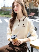 I BELIEVE YOU Polo Neck Long Sleeved T-shirt for Women Autumn 2025 Apricot Casual Tees Contrast Color Embroidery Top 2253016181 - Image 5