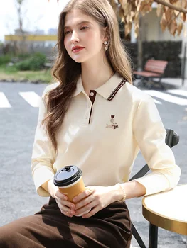 I BELIEVE YOU Polo Neck Long Sleeved T-shirt for Women Autumn 2025 Apricot Casual Tees Contrast Color Embroidery Top 2253016181 5