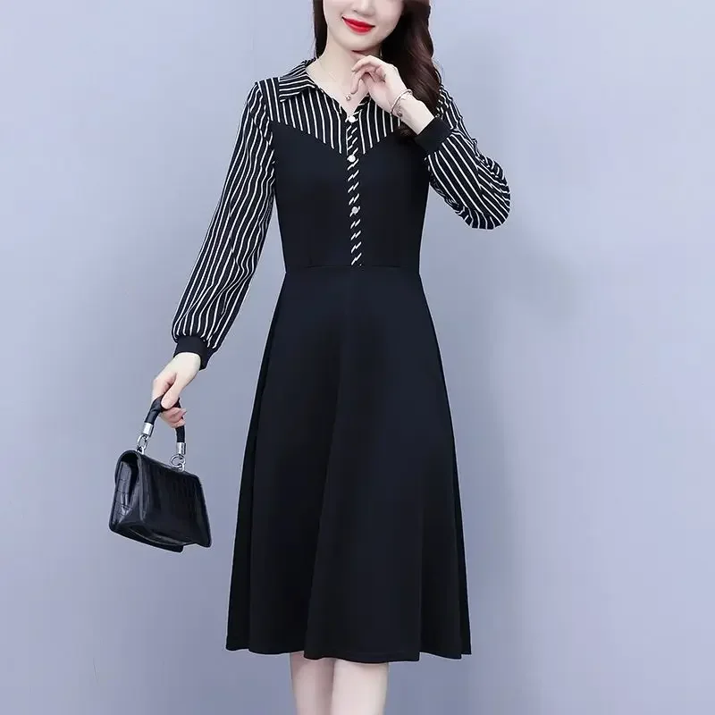 

Spring and Autumn Korean Edition Fashionable and Elegant Striped Polo Collar Panel Button Slim Fit Oversize Dress for Women L138