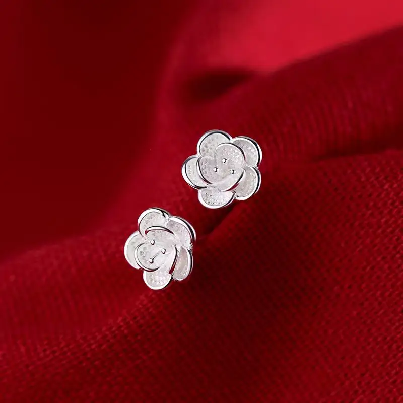 

925 Sterling Silver 8mm Cute Camellia Stud Earrings for Women Girls Fashion Wedding Party Jewelry