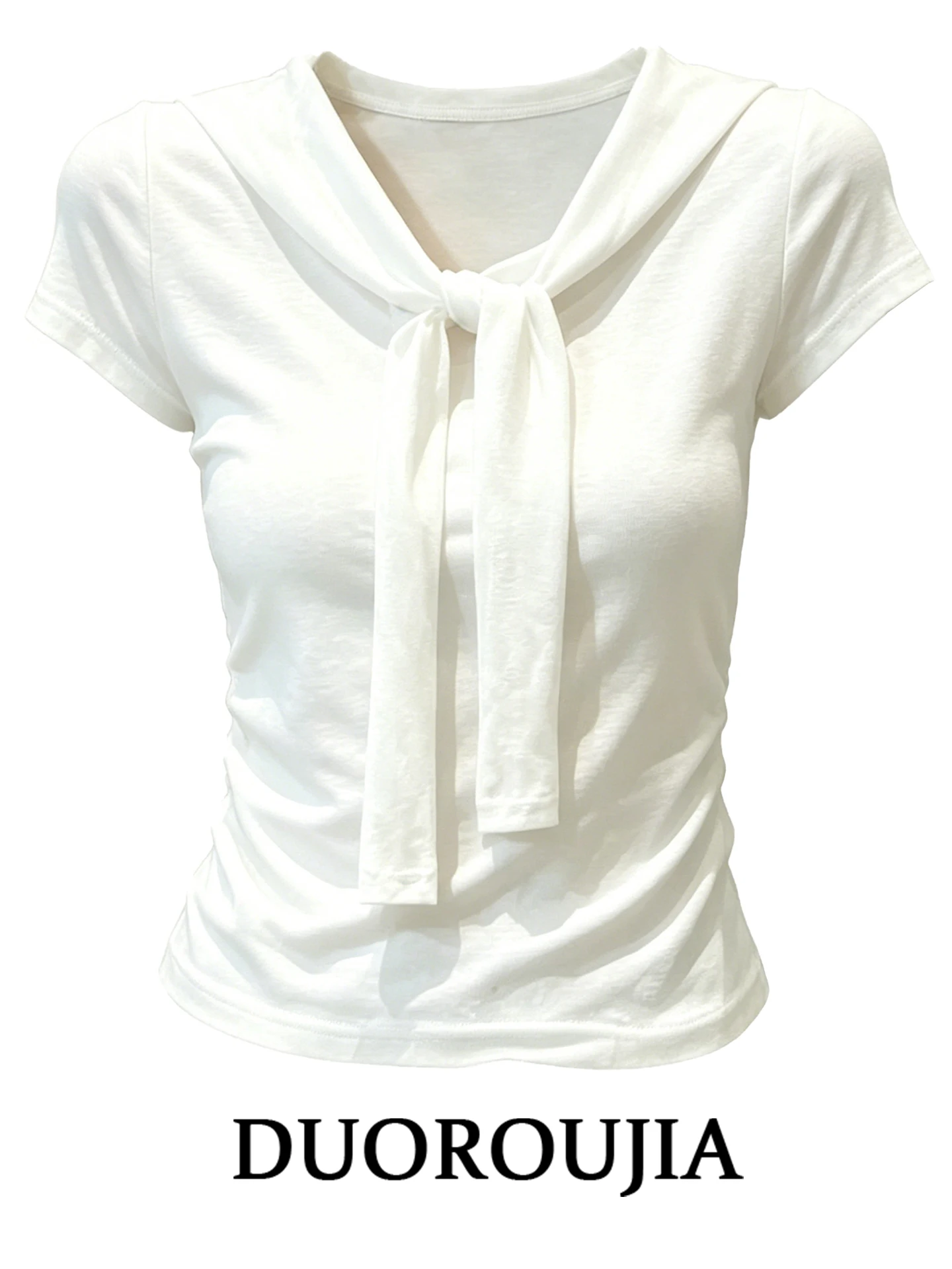 

Slim Fit V-Neck T-Shirt Women's Short Sleeve Korean Style plus Size White Top with Sash Summer Fashion Casual High Waist
