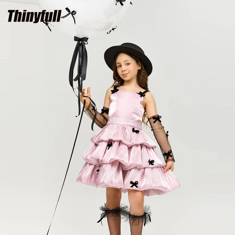 Thinyfull A-line Short Flower Girl Dress Square Collar Shiny Satin Tiered Children's Evening Dress Birthday Gowns Customized