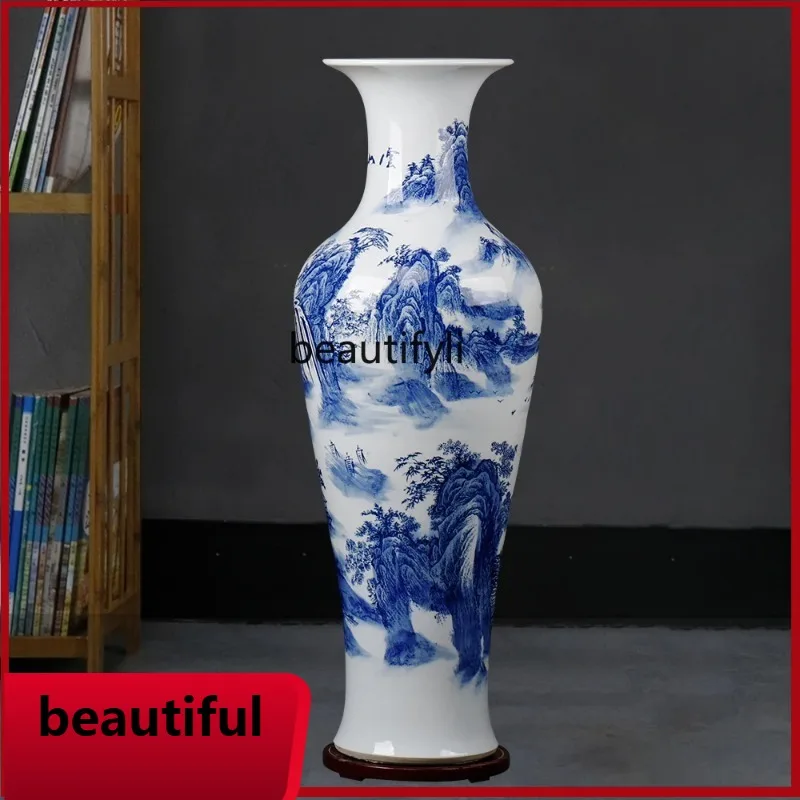 

F132 Ceramics blue and white landscape floor-to-ceiling large vase, living room flower arrangement decoration extra large open