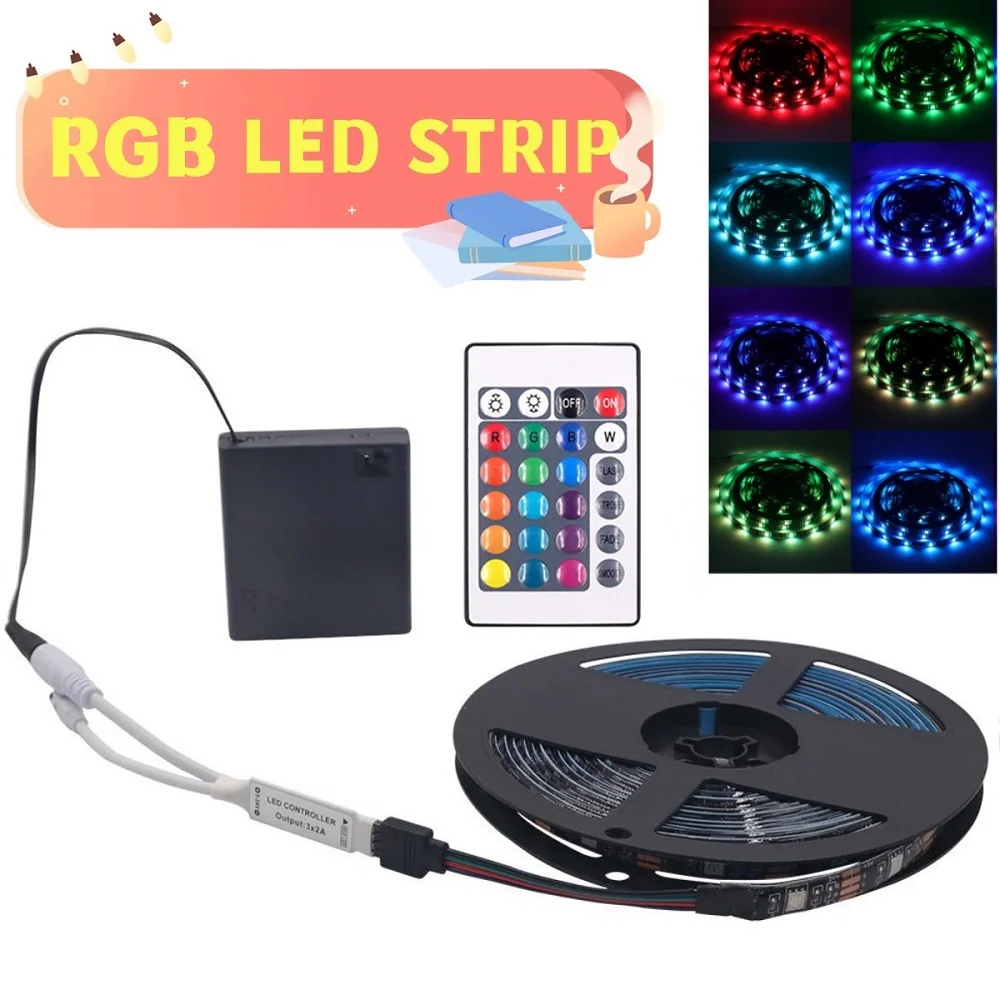 5050 RGB LED Strip DC5V 2835SMD Tape Lights Flexible Waterproof Ribbon Lamp Battery Power Remote Control Color Changing