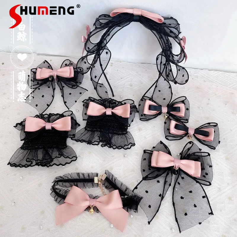 

Beautiful Cute Hairpin Japanese Style Original Handmade Sweetheart Black Pink Bell Necklace Lolita Dot Bow KC Hair Accessories