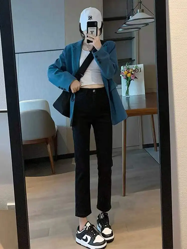 

Весенне-летние женские прямые джинсы, эластичные утягивающие джинсы с высокой талией, девяти предметов, свободный крой в трубках (3) Sle для похудения