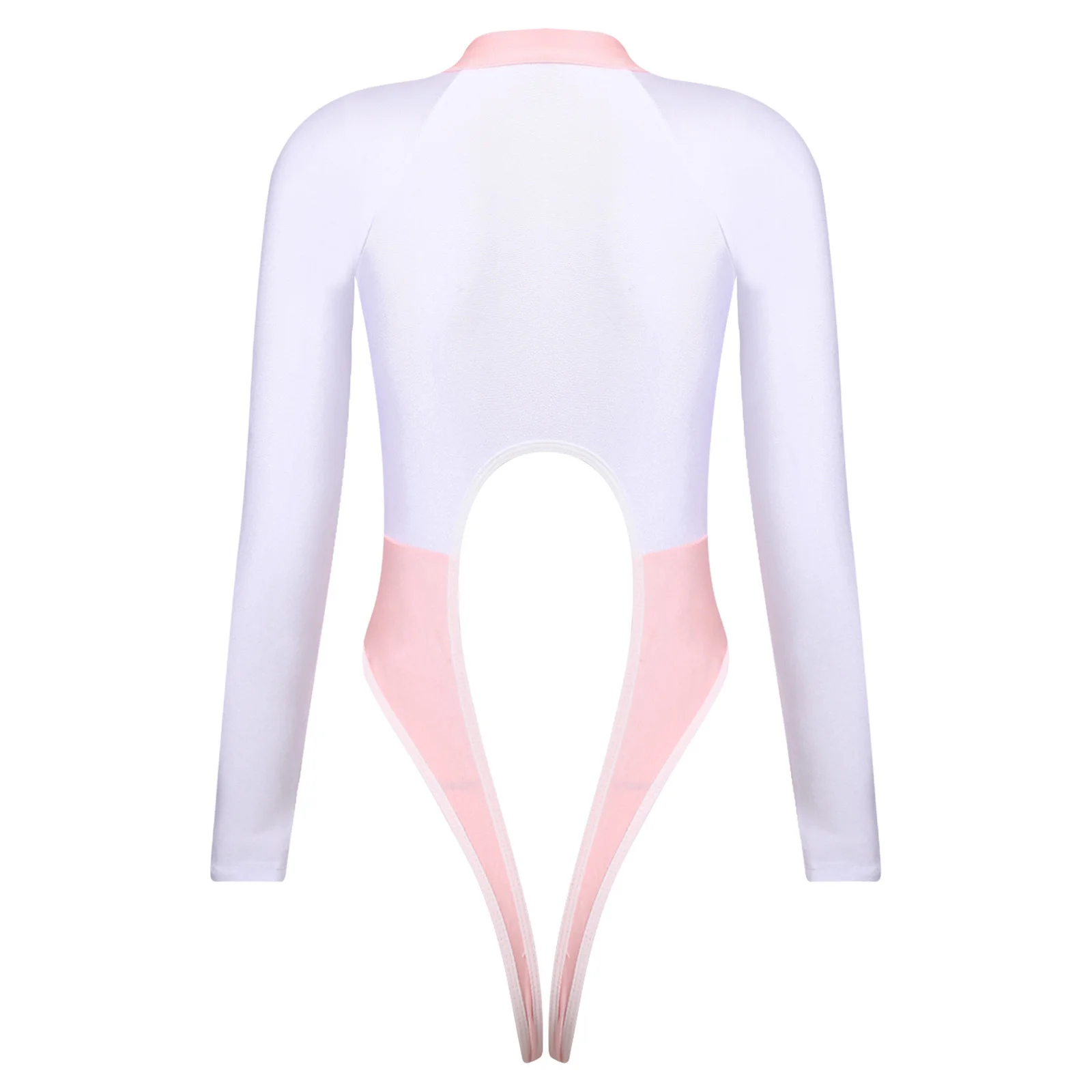 Womens One Piece Swimsuit Schoolgirl Swimwear Anime Bodysuit Long Sleeve Front Zipper Cutout Open-crotch Bathing Suit Jumpsuit