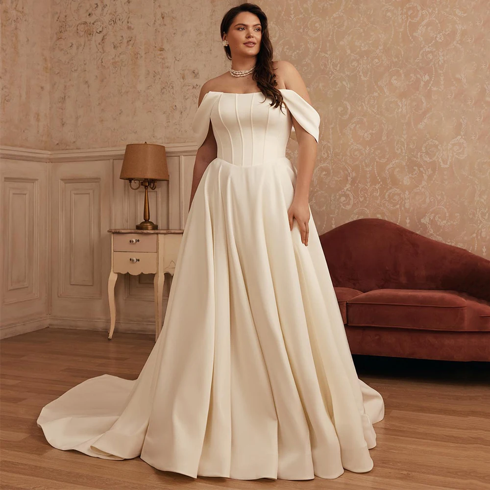 Plus size vestido de casamento vestido de noiva personalizado fora do ombro colher pescoço drapeado saia varredura trem mulher vestido de noiva