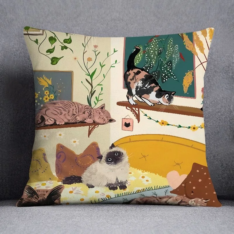 Cute kitten pattern pillowcase home fabric decoration sofa cushion living room bedroom square pillow cover home