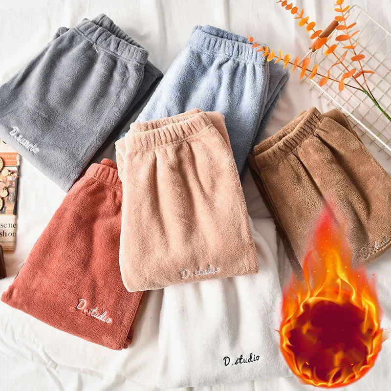 Womens Plush Thermal Lounge Pants Korean Soft Coral Fleece Sleeping Pants Loose Warm Loungewear for Indoor Home Winter